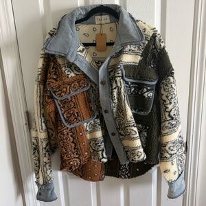 Oli & Hali Size XL Paisley Print Sherpa and Denim Distressed Hooded Jacket